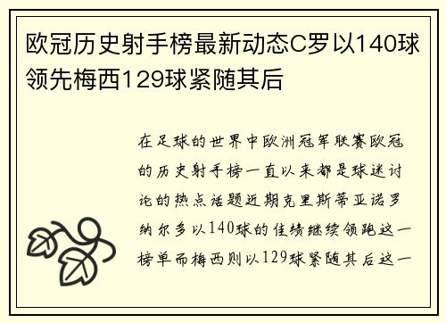 欧冠历史射手榜最新动态C罗以140球领先梅西129球紧随其后